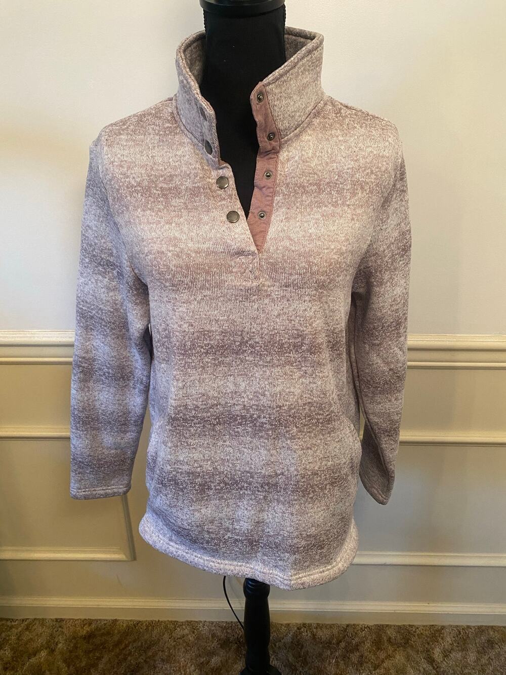 Natural Reflections Space Dye Mock Neck Quarter Button Up Sweater w Pockets Pink